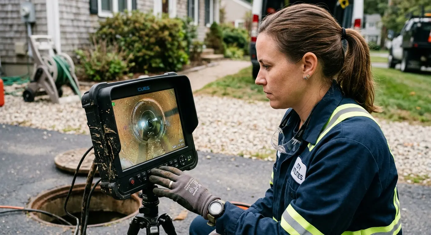 Technician reviewing sewer camera inspection footage in Moss Point