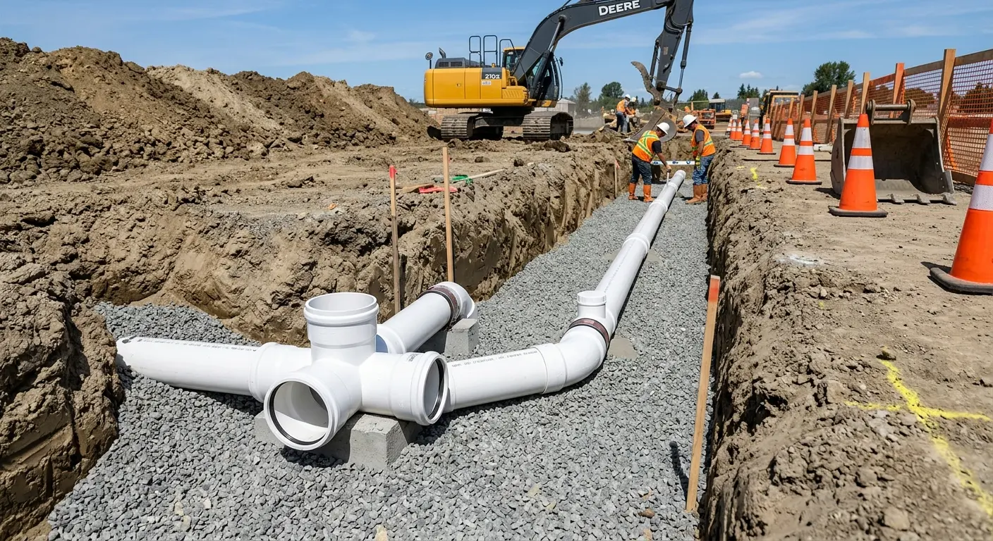 New PVC sewer pipe installation in open trench for Sewer Backup in Moss Point