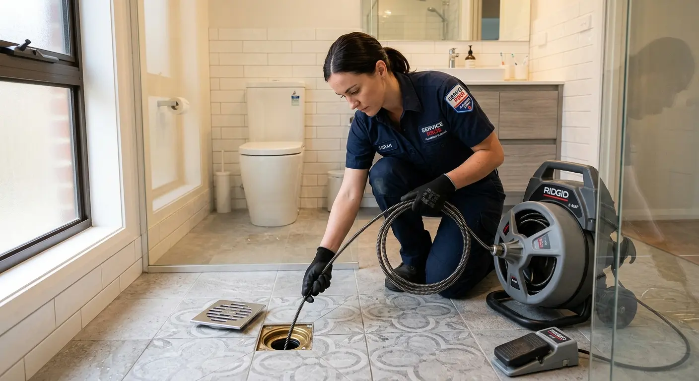 Technician clearing a bathroom floor drain for Drain Cleaning in Moss Point